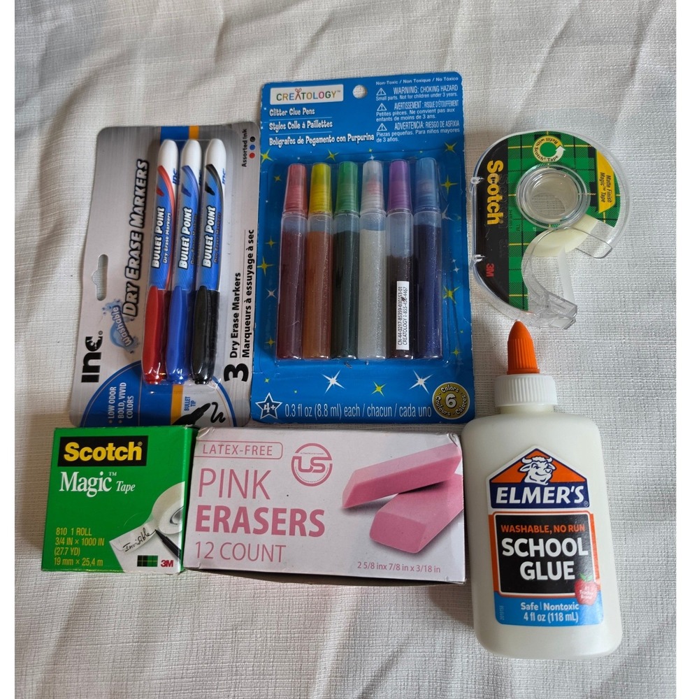 School Office Supplies Bundle Elmer's Glue Scotch Tape Erasers Markers Glitter